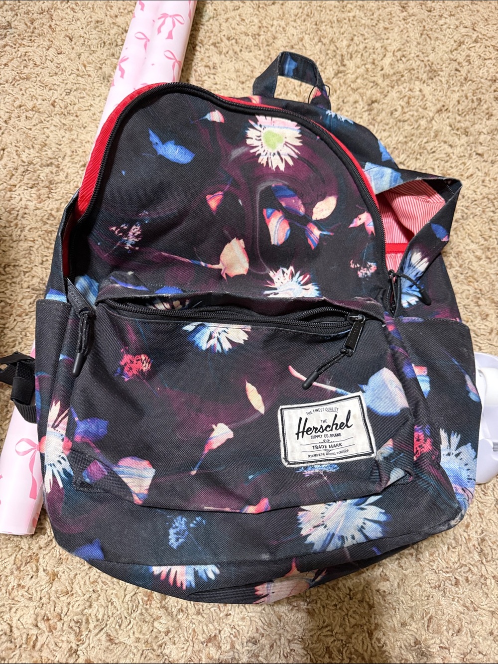 Large Herschel Supply Company Black Floral Backpack with Pink and Blue Accents